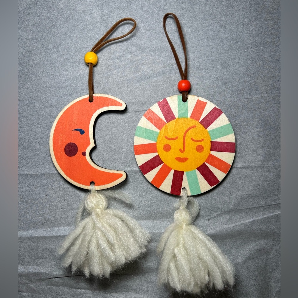 Urban Outfitters Sun and Moon Wooden Ornaments with Tassels